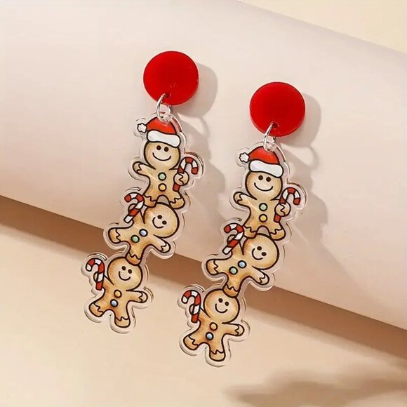 #84 Festive Gingerbread Man Acrylic Earrings - Picture 1 of 2